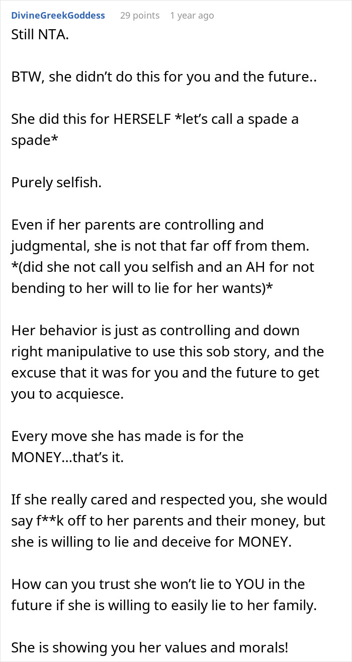 Reddit comment discussing relationship doubts after girlfriend pressures man to lie about his career and trust issues arise.