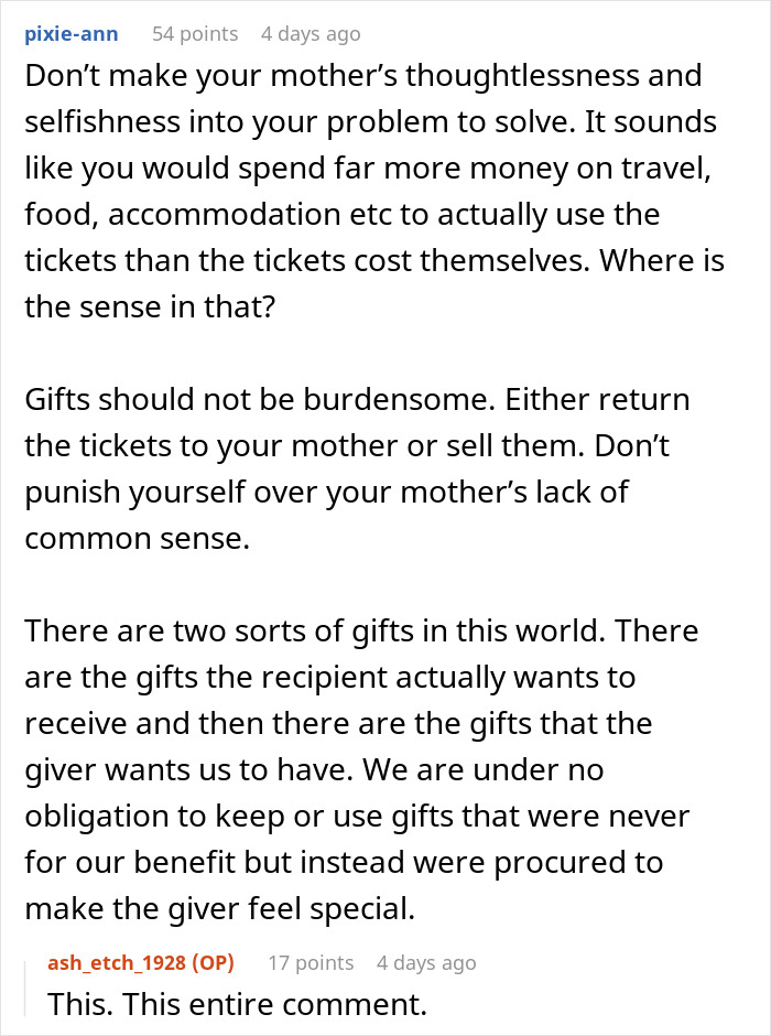 Text conversation about mom forcing Disney dream on family, highlighting debt, guilt, and burdensome gifts impacting the daughter.