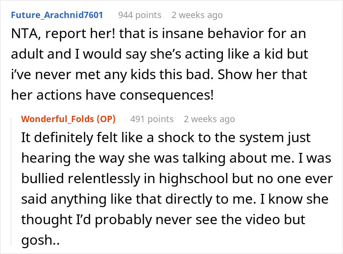 Reddit conversation about woman putting coworker on blast on social media and being shocked by her firing.