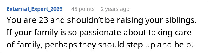 Comment discussing family issues with 23-year-old moving out and the impact on mom's childcare options. Comment discussing family issues with 23-year-old moving out and the impact on mom's childcare options.