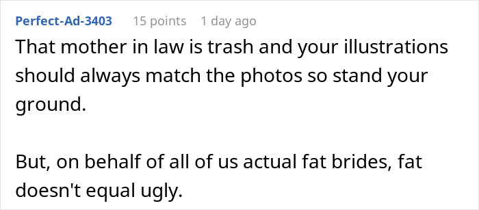 Comment criticizing mother-in-law's plan to make bride look ugly in wedding illustration, defending body positivity. Comment criticizing mother-in-law's plan to make bride look ugly in wedding illustration, defending body positivity.