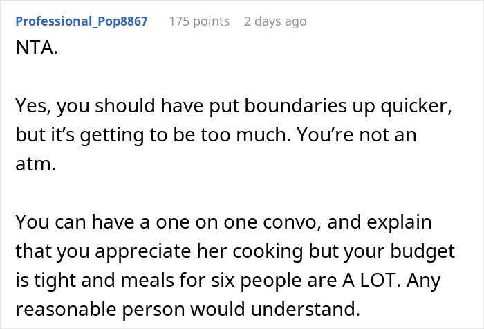 Alt text: Screenshot of a Reddit comment discussing setting boundaries about cooking meals, relating to mom embarrassing son’s girlfriend. Alt text: Screenshot of a Reddit comment discussing setting boundaries about cooking meals, relating to mom embarrassing son’s girlfriend.