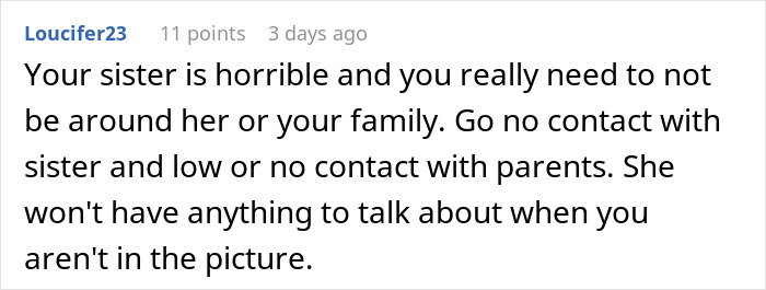 Comment about a woman angry her sister built TikTok fame by lying, advising to cut contact for family peace.