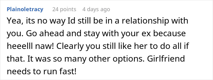 Screenshot of a comment expressing frustration about a guy going above and beyond for his ex while upsetting his current partner.