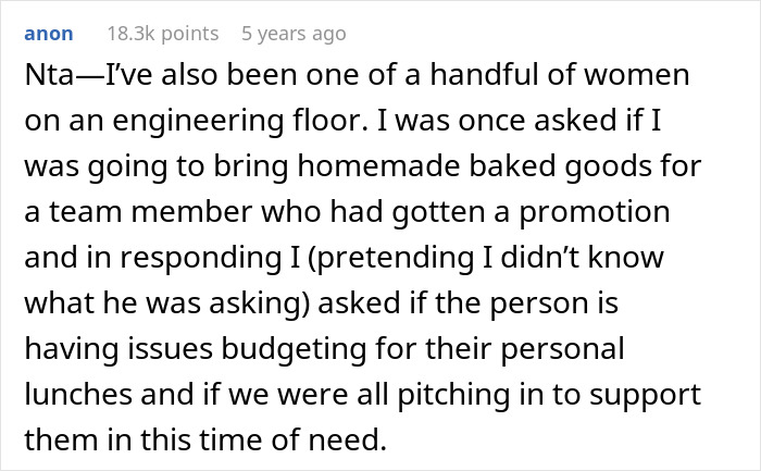 Text post discussing office potluck store-bought dessert drama involving expectations around homemade baked goods.