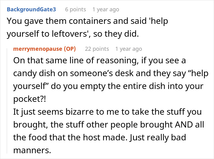 Screenshot of a Reddit conversation about Thanksgiving host shock and family clearing leftovers from the fridge.