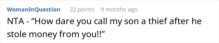 Screenshot of a forum comment where a user defends their son after he used a relative’s credit card for games.