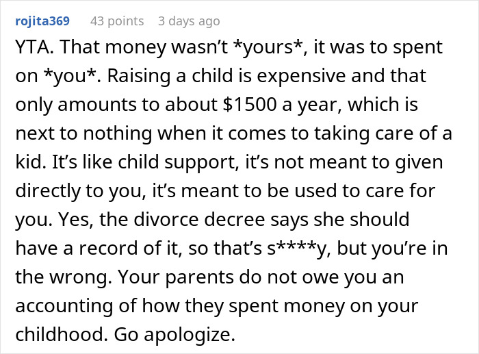Comment discussing teen's $30k money confusion and mom's vague answers amid online criticism of ingratitude. Comment discussing teen's $30k money confusion and mom's vague answers amid online criticism of ingratitude.