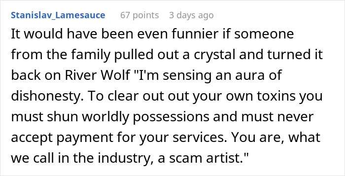 Screenshot of a comment about a barefoot spiritual advisor causing comical chaos at Thanksgiving and getting kicked out.