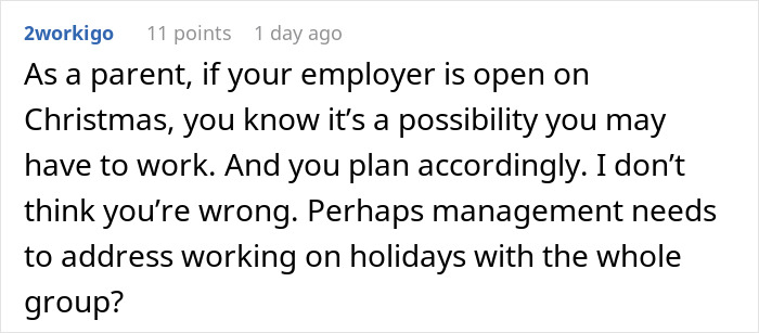 Comment discussing a parent feeling entitled to a day off on Christmas because of kids and work expectations.