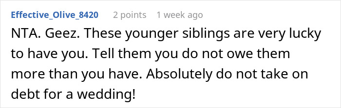 Comment warning against taking on debt for a wedding, advising financially unstable woman to avoid rushing marriage.