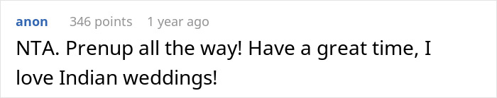 Comment text on a social media post about future in-laws demanding a prenup and then backtracking after learning about her wealthy family. Comment text on a social media post about future in-laws demanding a prenup and then backtracking after learning about her wealthy family.