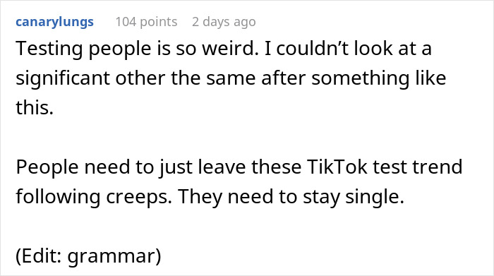 Screenshot of a Reddit comment discussing immature guy and his friends testing his new girlfriend in a TikTok trend.