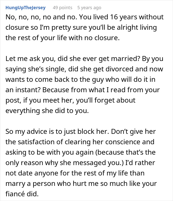 Commenter giving advice to man left without closure after fianc&eacute; disappears, advising to block her and move on.