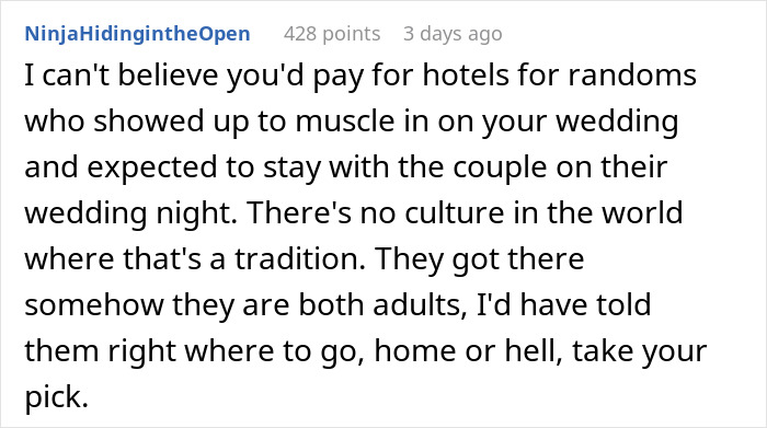 Comment discussing an uninvited guest treating a wedding night like a sleepover and the bride and groom&rsquo;s reaction.