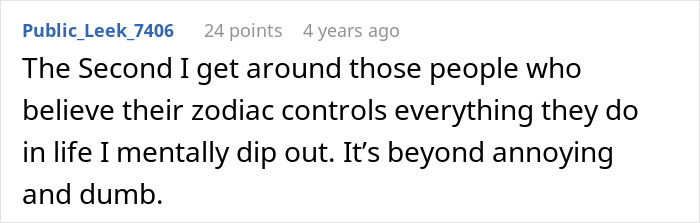 Screenshot of online comment criticizing people who believe their zodiac controls their life as annoying and dumb.