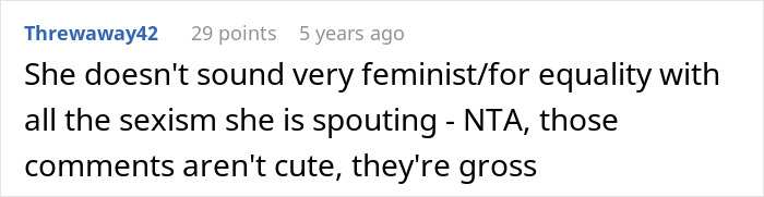 Comment criticizing sexism in a family argument about a daughter treating her boyfriend like a personal ATM.