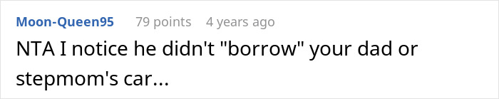 Screenshot of a Reddit comment discussing a family dispute over a half-brother stealing a car and the woman’s reaction.