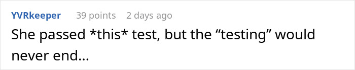 Text post showing a user comment about an immature guy and his friends testing his new girlfriend repeatedly.