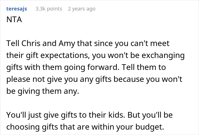 Reddit comment advising clear boundaries on gift exchanges for a sil Christmas gift list, emphasizing budget-friendly choices for kids.