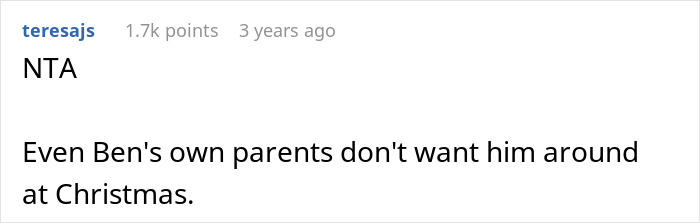 Reddit comment discussing picky eater demanding brother’s in-laws change entire Christmas menu, facing a reality check.