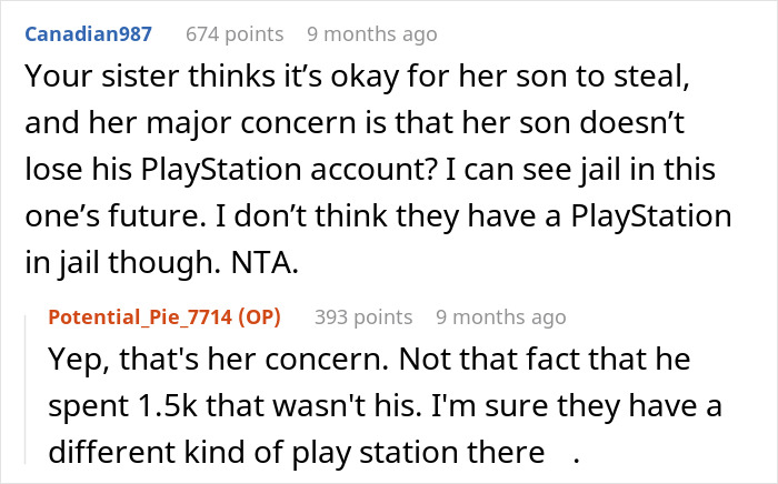 Screenshot of a Reddit conversation about an entitled nephew who used a credit card for games and received karma.
