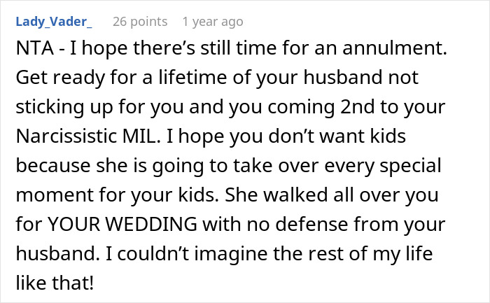 Comment discussing dramatic conflict between MIL choosing a white dress for son's wedding and bride rejecting her in photos.