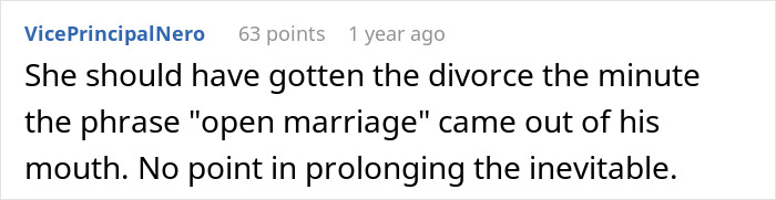 Screenshot of an online comment about a man pushing for open marriage and struggling with insecurity and challenges.