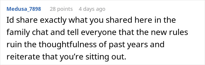 Screenshot of an online forum post discussing dropping out of family Secret Santa due to a sister&rsquo;s luxe shopping list demands.