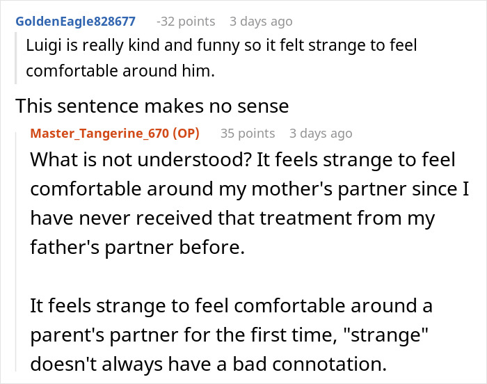 Reddit conversation where a teen explains feeling strange but comfortable around stepmother’s partner for the first time. Reddit conversation where a teen explains feeling strange but comfortable around stepmother’s partner for the first time.