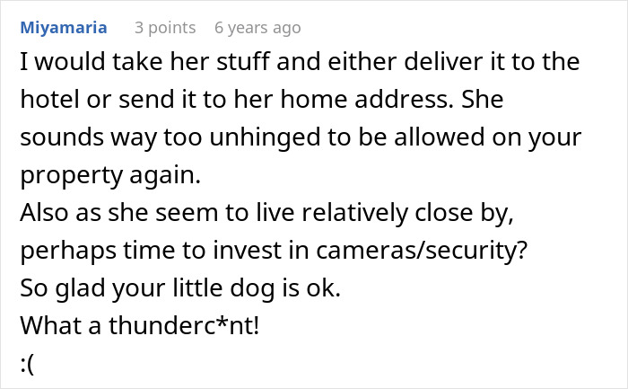 Comment discussing a MIL poisoning family dog and verbally attacking a woman, with concern for security and dog&rsquo;s safety.