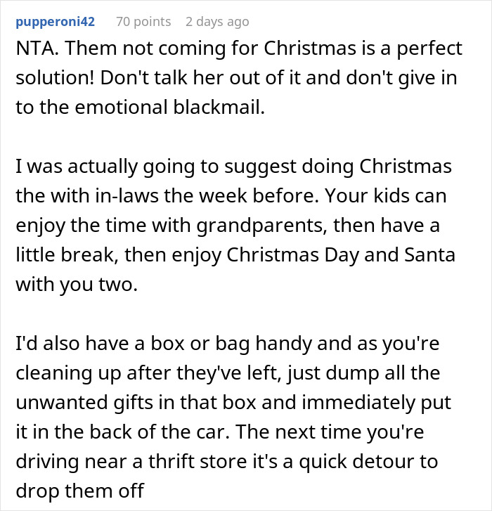 Comment suggesting blocking grandma’s weird Christmas gift competition with Santa to avoid emotional blackmail. Comment suggesting blocking grandma’s weird Christmas gift competition with Santa to avoid emotional blackmail.