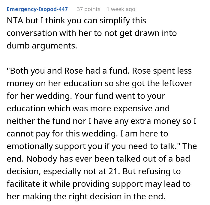 Text conversation about financially unstable woman rushing into marriage and facing a bitter reality check with emotional support offered.