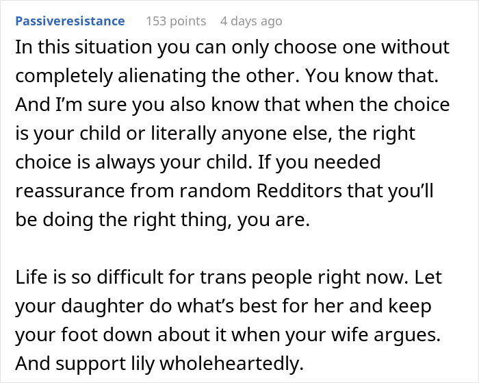 Reddit comment advising support for trans child as wife goes full transphobic, husband feels family is imploding.