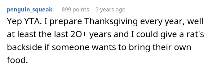 Screenshot of a Reddit comment describing a picky-eater MIL demanding to bring her own food to Thanksgiving dinner. Screenshot of a Reddit comment describing a picky-eater MIL demanding to bring her own food to Thanksgiving dinner.