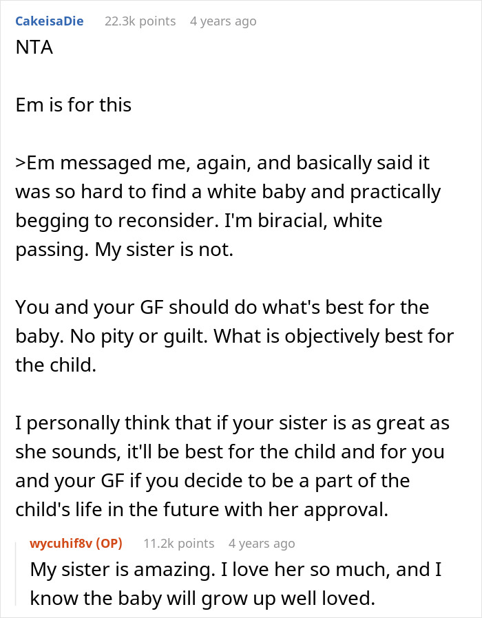 Reddit comments discussing a woman's desire for a white baby and the decision to have her sister adopt instead. Reddit comments discussing a woman's desire for a white baby and the decision to have her sister adopt instead.