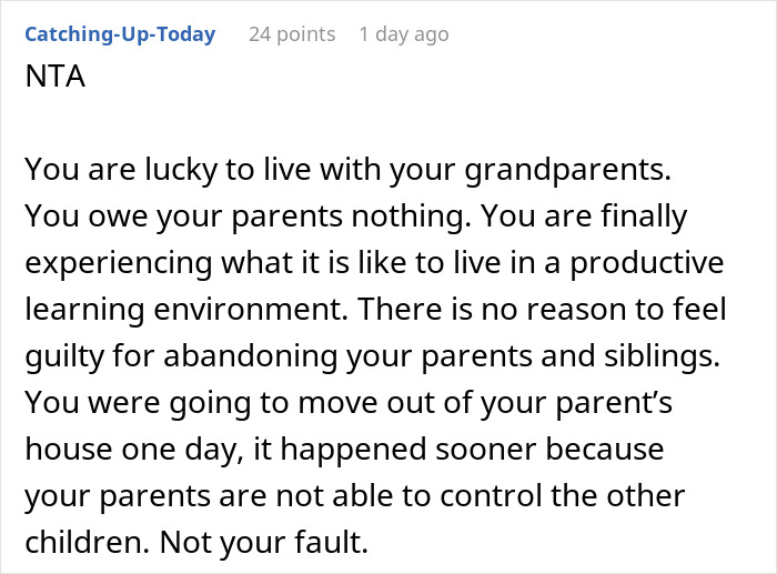 Reddit comment screenshot advising exhausted teen coping with autistic siblings' screaming and moving in with grandparents