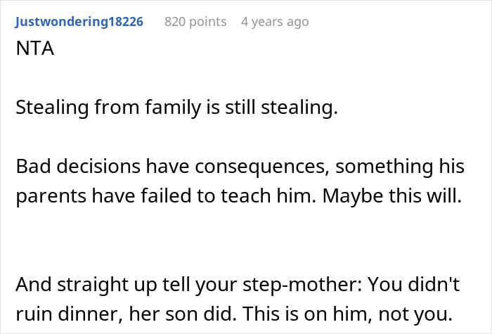 Comment on family conflict over half-brother who stole car, highlighting consequences and accountability in theft case.