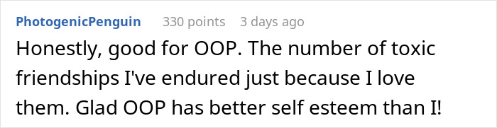 Text comment on a social media post discussing toxic friendships and self-esteem after being ghosted by a bestie. Text comment on a social media post discussing toxic friendships and self-esteem after being ghosted by a bestie.
