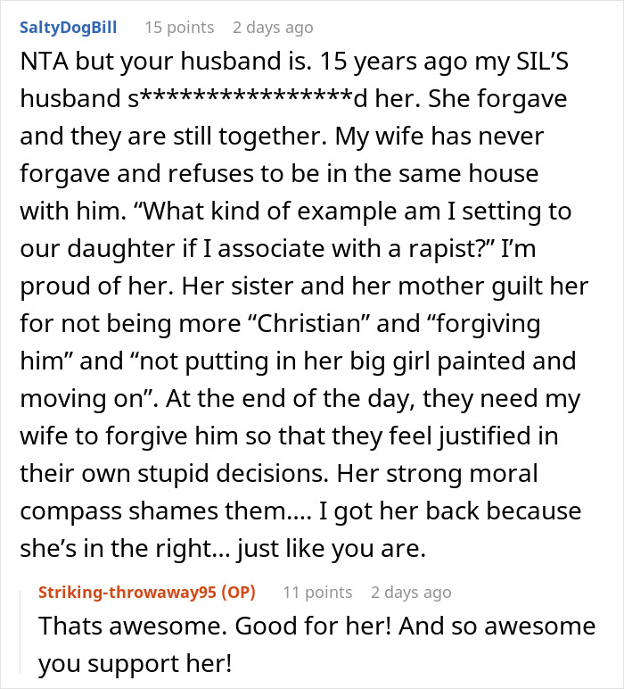 Reddit comment discussing a woman banning her MIL’s creepy husband, causing her marriage to fall apart. Reddit comment discussing a woman banning her MIL’s creepy husband, causing her marriage to fall apart.