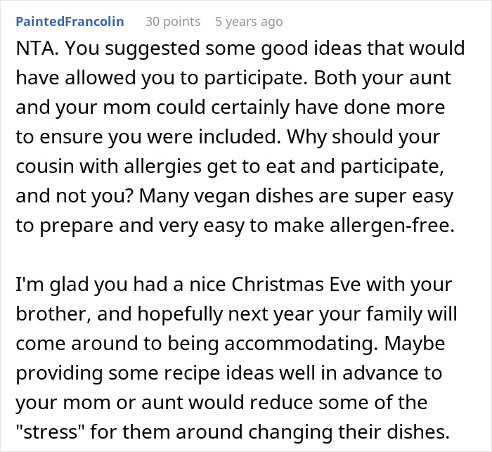 Commenter discussing challenges and solutions for no vegan options Christmas Eve dinner with family accommodations suggested. Commenter discussing challenges and solutions for no vegan options Christmas Eve dinner with family accommodations suggested.