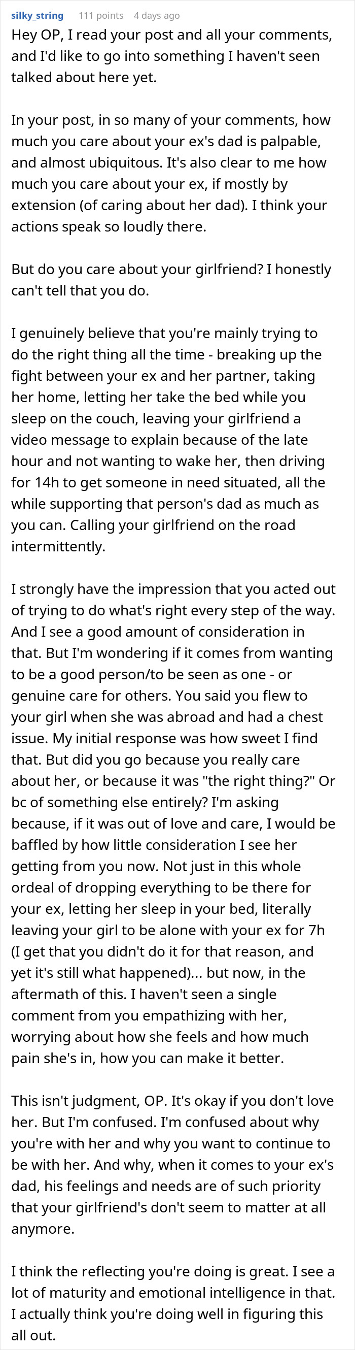 Text post discussing a guy going above and beyond for his ex girlfriend and his current partner's feelings. Text post discussing a guy going above and beyond for his ex girlfriend and his current partner's feelings.