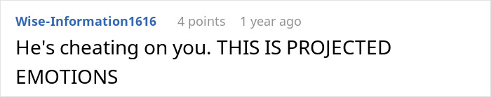 Comment text on a white background reading he's cheating on you this is projected emotions, relating to open marriage struggles.