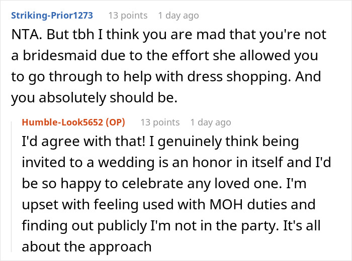 Reddit conversation about wedding dress shopping trip turning into a painful friendship wake-up call.