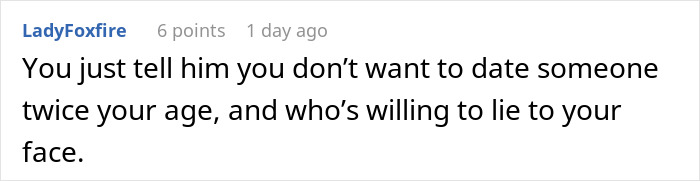 Comment on a social platform discussing a 50-year-old guy lying about his age to a 22-year-old girlfriend.