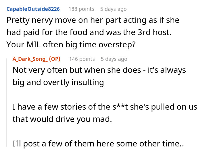Comment thread discussing a couple hosting an expensive Thanksgiving dinner and missing leftovers. Comment thread discussing a couple hosting an expensive Thanksgiving dinner and missing leftovers.