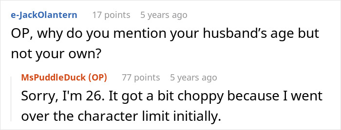 Reddit conversation showing a user asking about husband’s age and OP explaining character limit caused choppy text. Reddit conversation showing a user asking about husband’s age and OP explaining character limit caused choppy text.