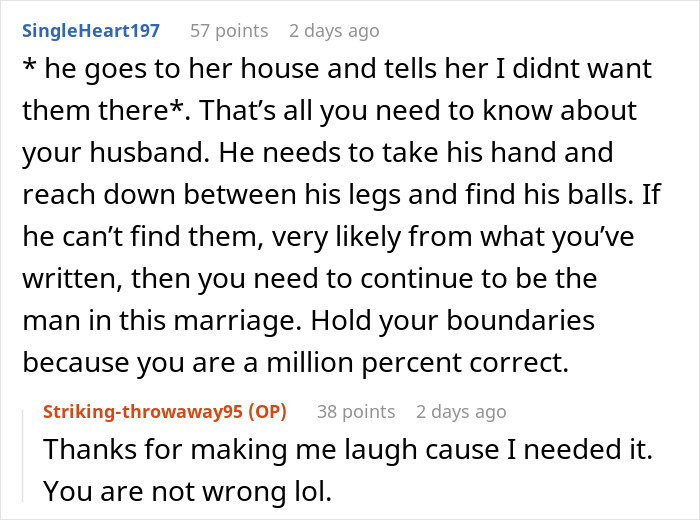 Reddit conversation about a woman banning MIL&rsquo;s creepy husband, marriage issues, and setting boundaries in relationships.