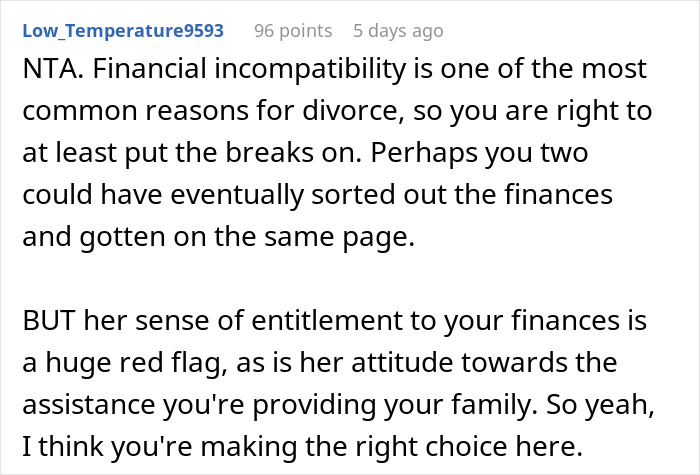 Screenshot of a Reddit comment discussing financial incompatibility and debt leading to a groom ending a relationship.