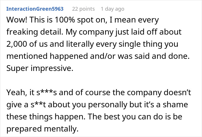 Comment discussing personal experience with subtle red flags indicating job insecurity after company layoffs. Comment discussing personal experience with subtle red flags indicating job insecurity after company layoffs.